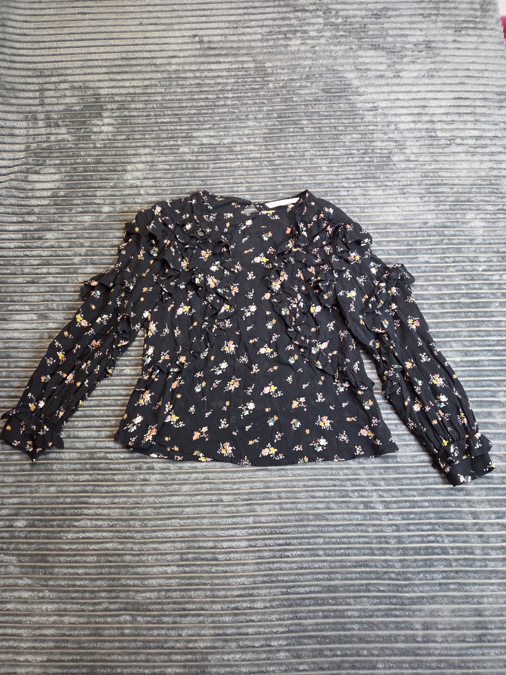 Zara Black Floral Ruffle Long-Sleeve Blouse